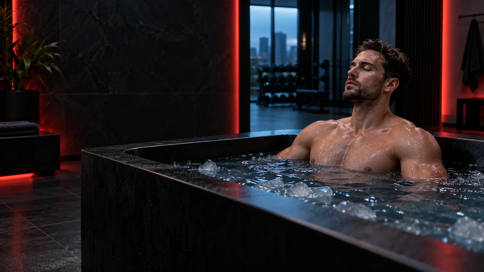 Athlete using a cold-water cryo tub in a premium recovery space