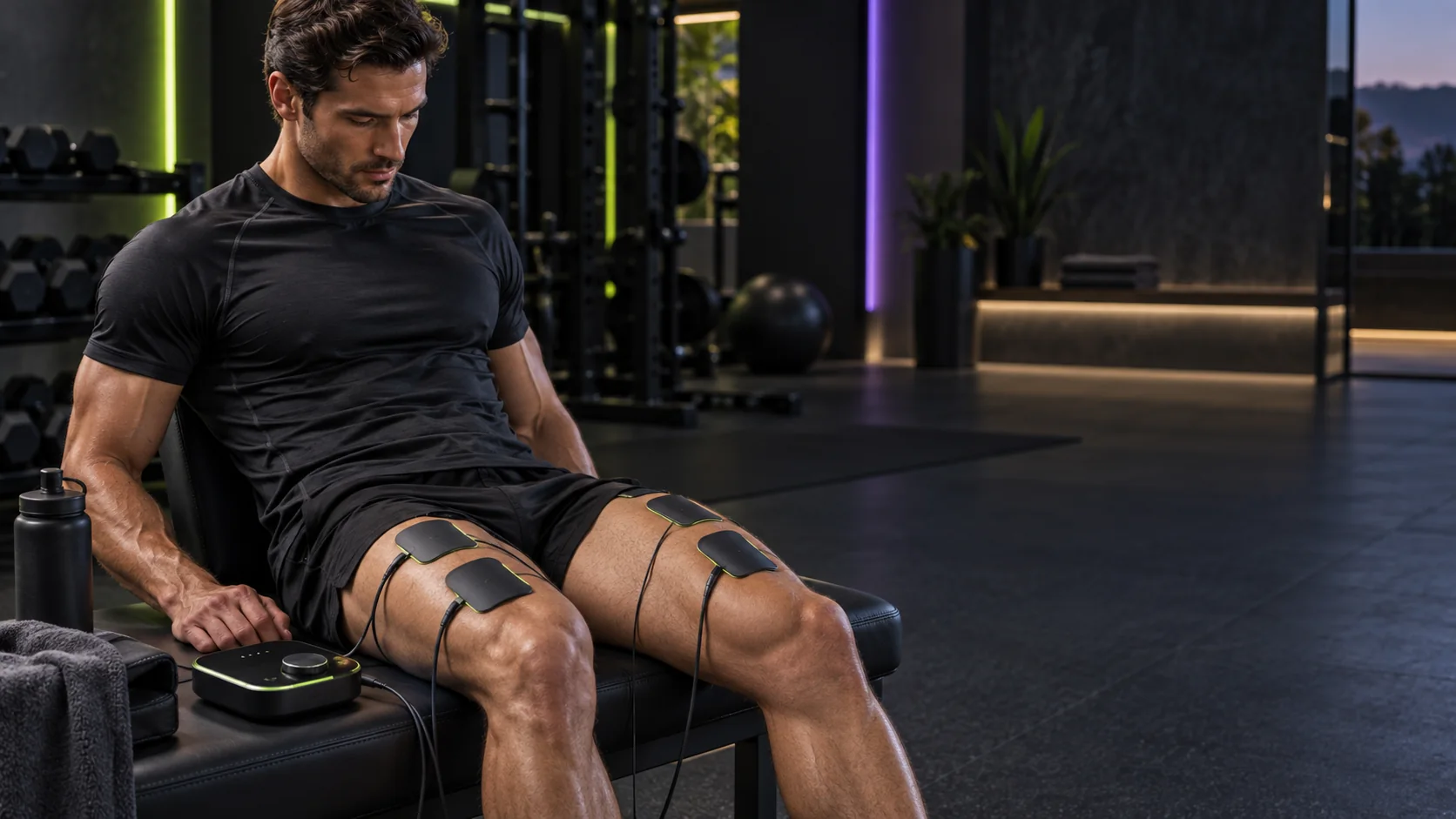 Athlete using electrical muscle stimulation pads on the quadriceps