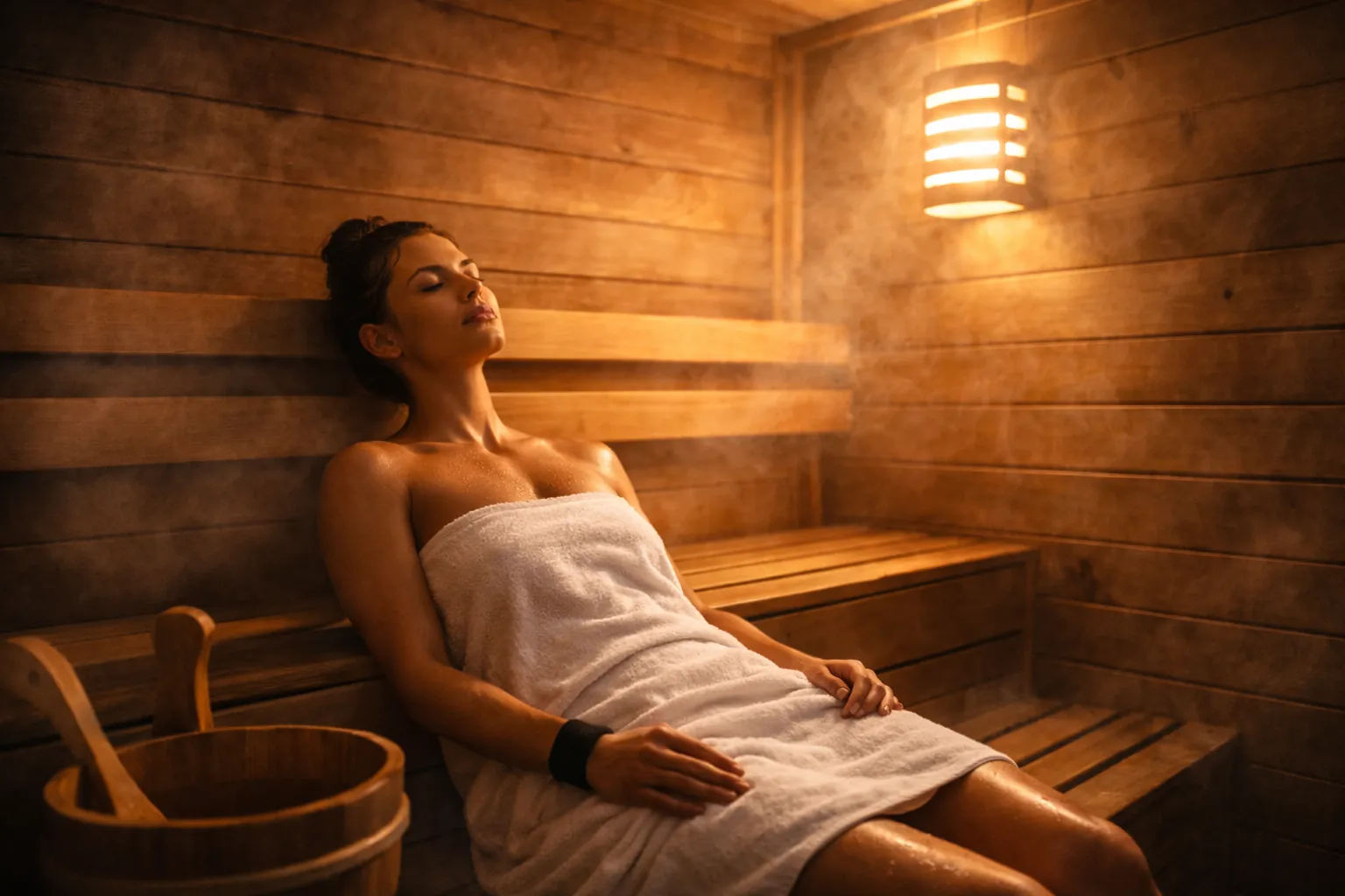 Athlete relaxing in a warm wooden sauna