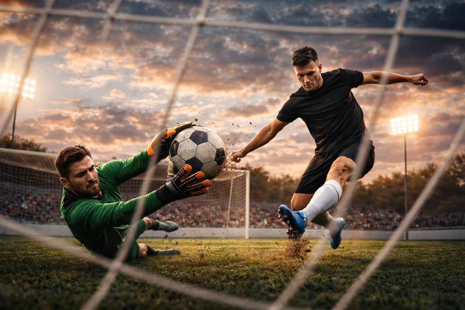 Soccer player shooting toward goal